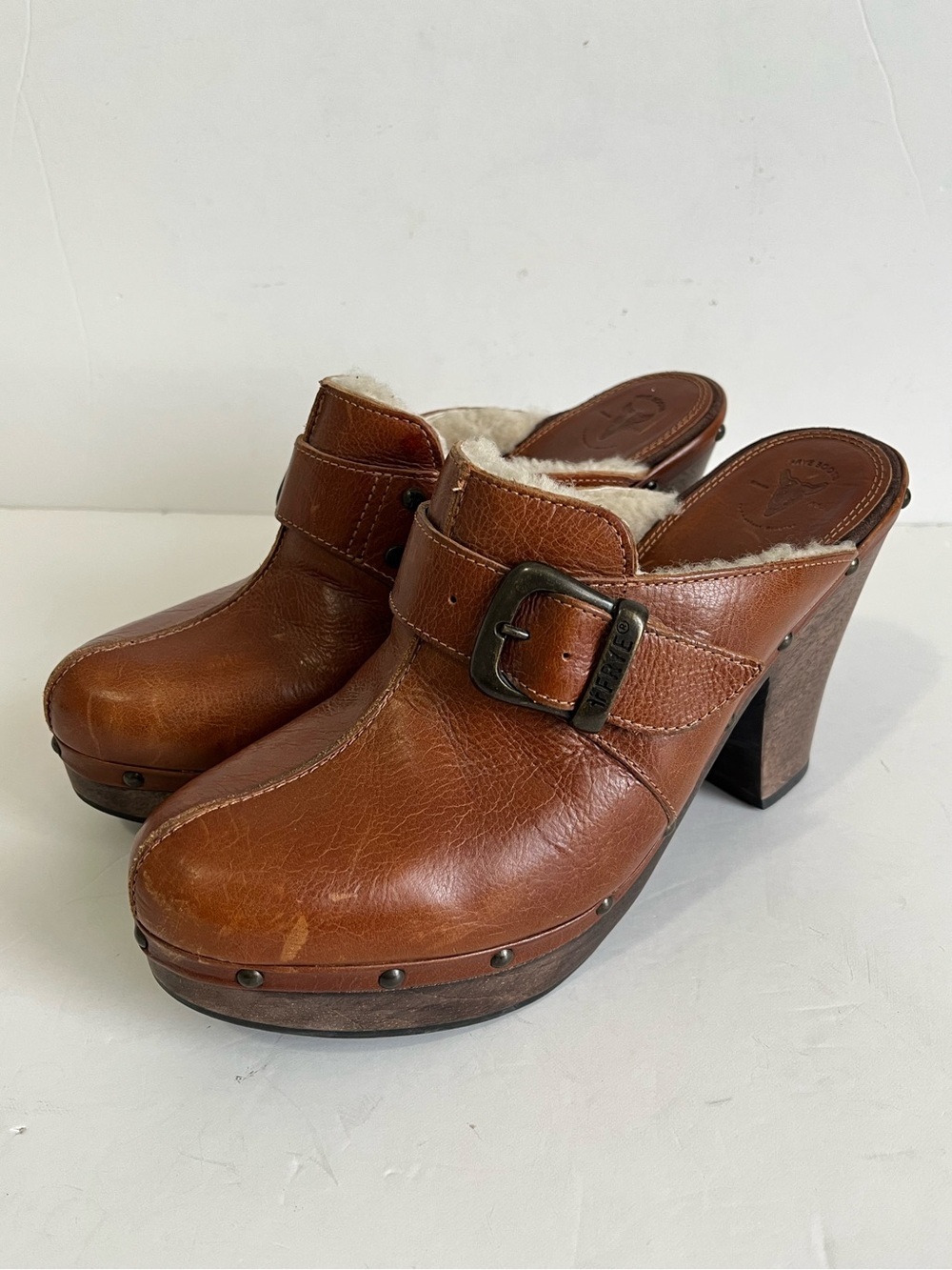 Frye Ella Brown Leather Shearling Mule Heels Size 8.5B
